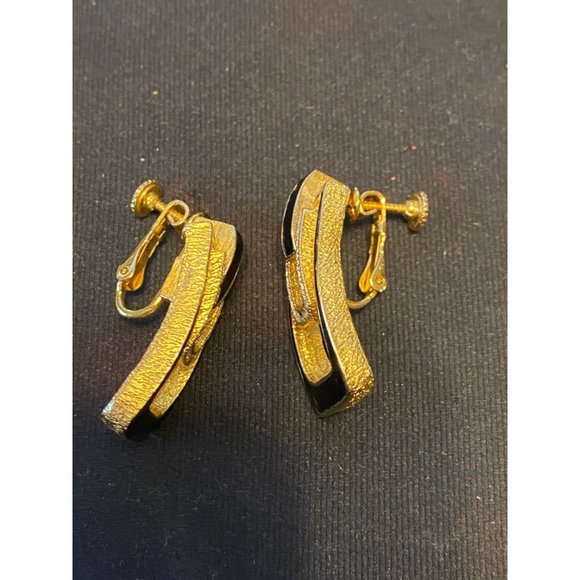 Vintage DG Signed Door Knock Black/Gold Clip-on Earrings  with Rhinestones - Picture 4 of 5